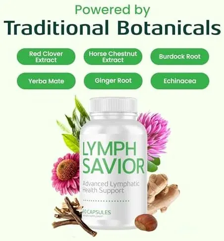 Brand graphic titled Powered by Traditional Botanicals with herbs around a Lymph Savior bottle