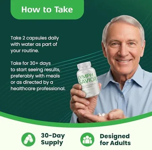 Brand graphic titled How to Take showing a man holding a Lymph Savior bottle
