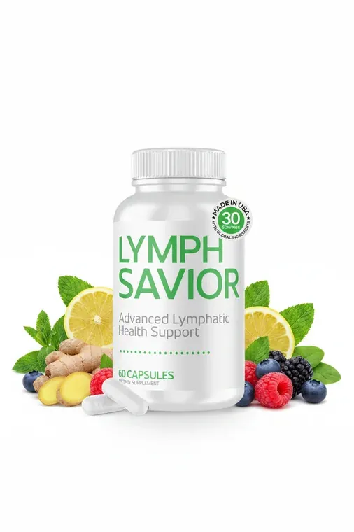 Lymph Savior bottle on a counter with ginger root, lemon, berries and fresh herbs