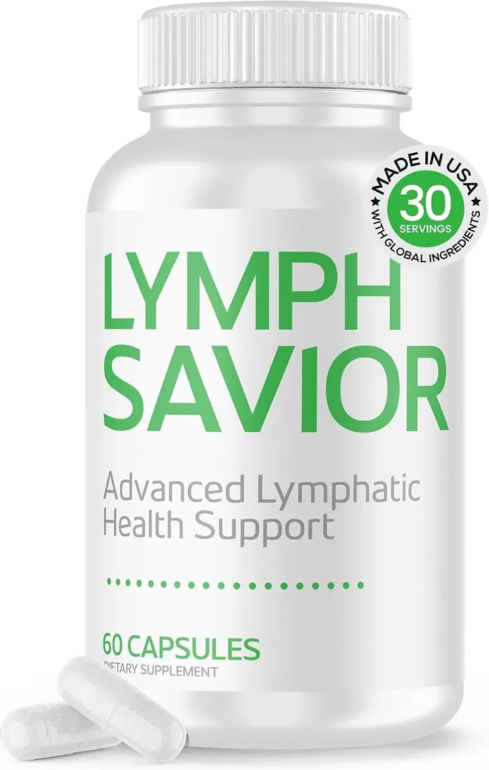 White Lymph Savior bottle with green lettering and two capsules in front
